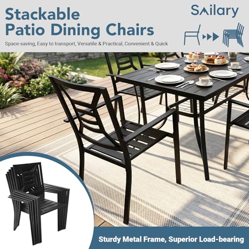 SAILARY 9 Pieces Patio Dining Set for 8, Large 77" Outdoor Metal Table with Universa Umbrella Hole & Stackable Iron Chairs, Patio Furniture Set for Deck, Backyard, Yard, Porch