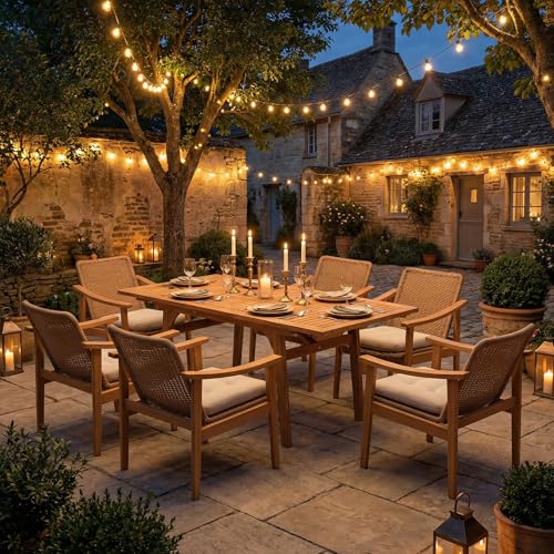 SUNSITT 7-Piece Outdoor Patio Dining Set, 55" - 71" Acacia Wood Expandable Outdoor Table Set with Umbrella Hole, 6 Woven Rattan Chairs w/Removable Cushions for Backyard, Porch, Deck