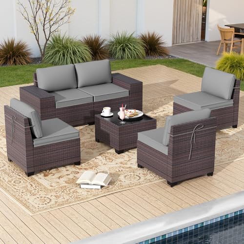 Gotland 6 Pieces Patio Furniture Set with 1 Coffee Table, 5 Seater Rattan Outdoor Sectional with Wide Armrests 29.5'' High Backrest Thick Waterproof Cushions, Conversation Sets for Deck Garden Gray