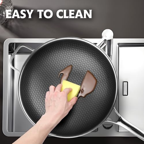 SNOWCLAD Wok, 13 Inch Hybrid Woks & Stir-fry Pans Nonstick, Non Toxic Stainless Steel Wok Pan with Lid, Dishwasher Induction Oven Broiler Safe, PFOA Free Cookware Non Stick