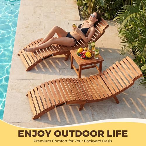 Flamaker Lounge Chairs for Outside Folding Acacia Wood Chaise Lounge with Side Handle Sun Lounger for Poolside, Lawn, Backyard (2 Piece)