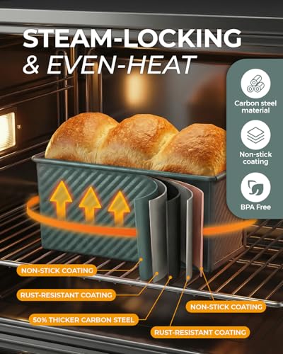 CARTMAN 3-Piece Pullman Loaf Pan with Lid Set – Non-Stick Carbon Steel Bread Pan with Bottom Vents – Includes Large (12.4"), Medium (8.2") & Mini (6.3") Sizes plus Silicone Tools – Sage Green