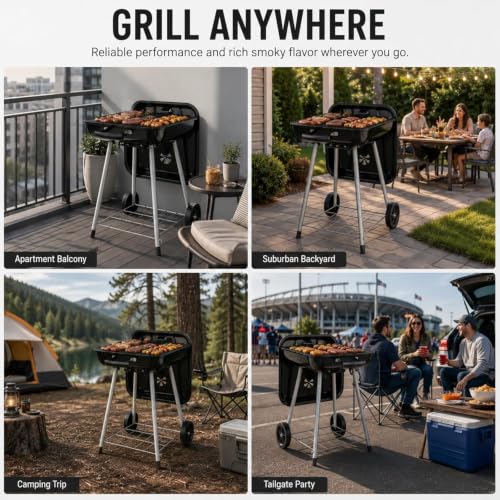 17.5 Inch Square Charcoal Grill with Wheels, Portable Outdoor BBQ Kettle