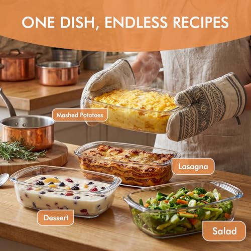 HOTEC 2-Pack LARGE 7.6 Cups/1800 ML/1.9 Qt Glass Loaf Pan, Microwave and Oven Safe - Loaf Pans For Food Storage Container, Bakeware for Bread, Lasagna, Potatoes, Meal Prep, Airtight Lid