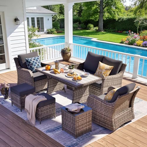 MEISSALIVVE 7 Pieces Outdoor Patio Furniture Set with Swivel Chairs, Wicker Patio Conversation Set, Patio Sectional Furniture Set with with Loveseat, 2 Ottomans and Dining Table (Grey)