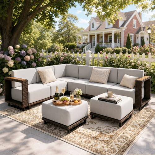LazySunsets Patio Furniture Set, 8 Pieces Wicker Outdoor Sectional Sofa with 10'' Ultra-Thick Cushions & Ottomans, Anthracite