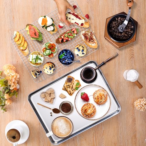 Homikit Baking Sheet with Wire Rack Set (1 Pan+1 Rack), 16" x 12" Stainless Steel Cookie Bacon Pan for Oven, Nonstick Jelly Roll Pan Baking Tray with Grid Cooling Rack for Cook Roast, Dishwasher Safe