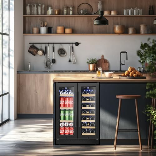 Tylza 24 Inch Wine and Beverage Refrigerator, Dual Zone Wine Beverage Cooler 24" with French Door, Under Counter Wine Beer Fridge Built-In or Freestanding, Holds 20 Bottles and 88 Cans, Black