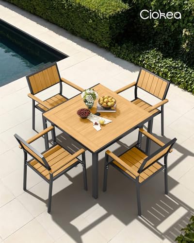 Aluminum Outdoor Dining Set, Patio Square Table and Stackable Chairs, Teak