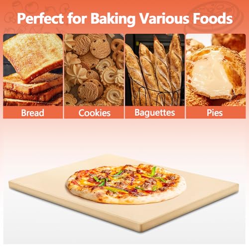 MAXTBEE 15x12 Inch Rectangle Pizza Stone for Oven and Grill, 0.6" Thick Heavy Duty Cordierite Bread Baking Stone for Crisp Pizza Cookies (With Scraper and Parchment Papers)