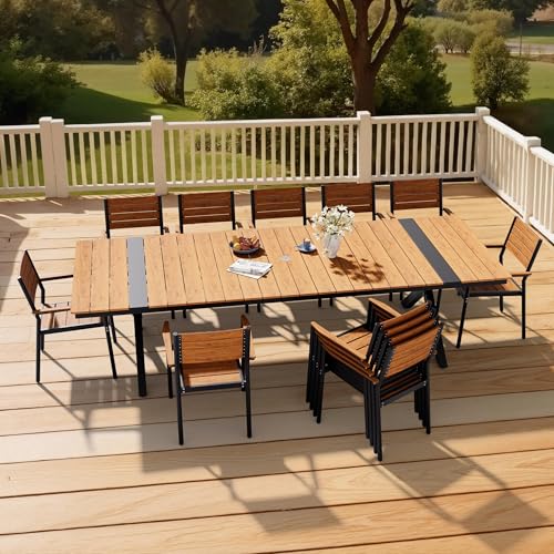 Pellebant 13 Piece Patio Table and Chairs Set for 12, Aluminum Outdoor Dining Set with Umbrella Hole, Stackable Dining Chairs & 118" Dining Table, Brown
