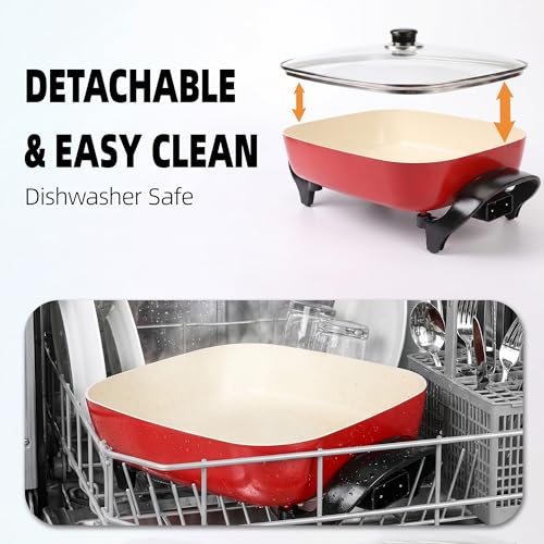 I-Keukenn 15'' Ceramic Nonstick Electric Skillet with Tempered Vented Glass Lid,Removable Easy-to-Clean,Thermostat Control to Prevent Overheating, Red