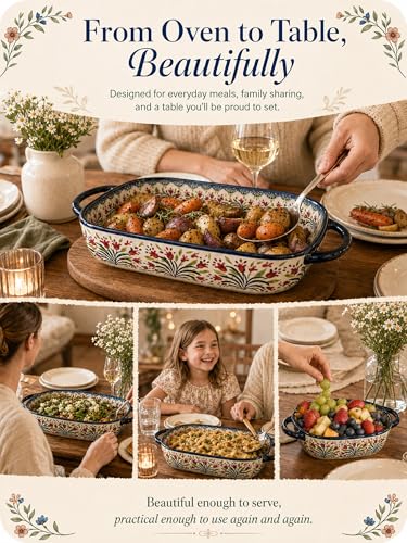 Polish Pottery Style Ceramic Baking Dish Set, 2-Piece Large & Small Casserole Bakers for 2–3 People, Floral Oven-to-Table Bakeware, Microwave & Dishwasher Safe, Gift-Ready with Protective Packaging