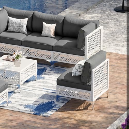 Vikiullf Patio Conversation Set, 7 Piece Outdoor Sectional Sofa Set with Coffee Table, White Wicker with Grey Cushions (White and Grey, 7 piece)