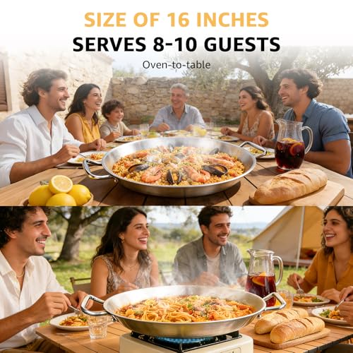 LOLYKITCH 16 Inch Tri-ply Stainless Steel Paella Pan, Detachable Handle Skillet, Induction Compatible Flat Bottom, Rust Proof & Warp Resistant, Large Oven Safe Cookware for Family of 8-10