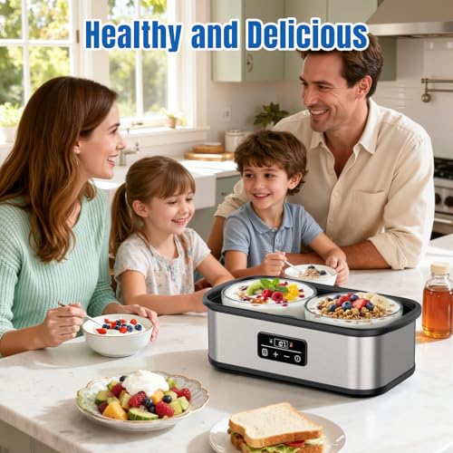 Adjustable Temp & Time Yogurt Maker with Auto Shut-Off, Constant Fermentation, with Two 925ml Glass Bowls for Homemade Probiotic Yogurt