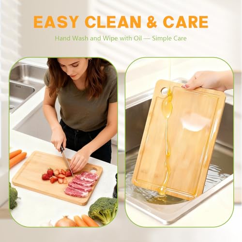 Bamboo Cutting Boards for Kitchen 14.9" x 9.6", Reversible Wood Cutting Board with Juice Groove & Side Handles, Chopping Board for Meat & Cheese, 100% Organic Bamboo
