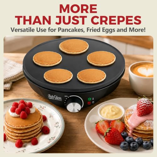 AshGlen 12" Electric Crepe Maker Machine, Ceramic Crepe Pan for Pancakes & Tortilla & Fried Eggs, Spatula & Crepe Spreader Tool Included, Graphite