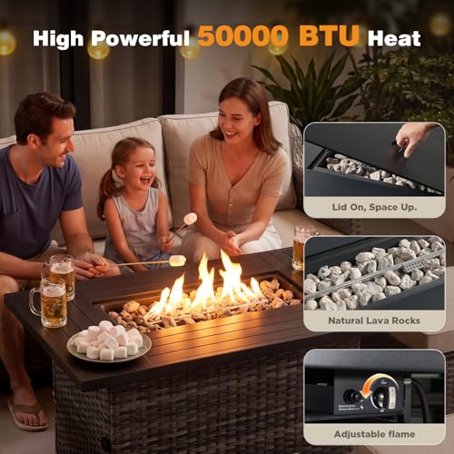 Belord Patio Wicker Swivel Rocker Patio Chairs with 3-Seater Sofa and 42.5" Fire Pit Table, Outdoor Furniture Set for Deck Porch Poolside, 11 Piece Patio Conversation Furniture Set,Beige