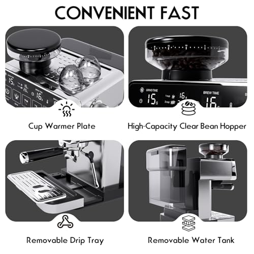 PULZO Espresso Machine with Grinder, 20 Bar Professional Coffee Machine, All-in-One Stainless Steel Coffee Maker with Milk Frother, to Make Latte, Cappuccino, 67oz Detachable Water Tank