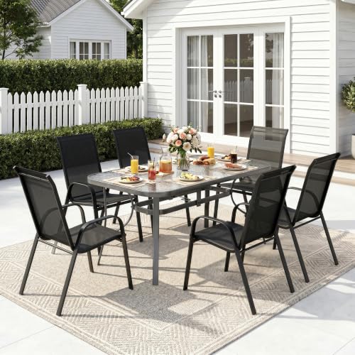 MAMIZO 7 Pieces Patio Dining Set for 6, Glass Table and Textilene Chairs
