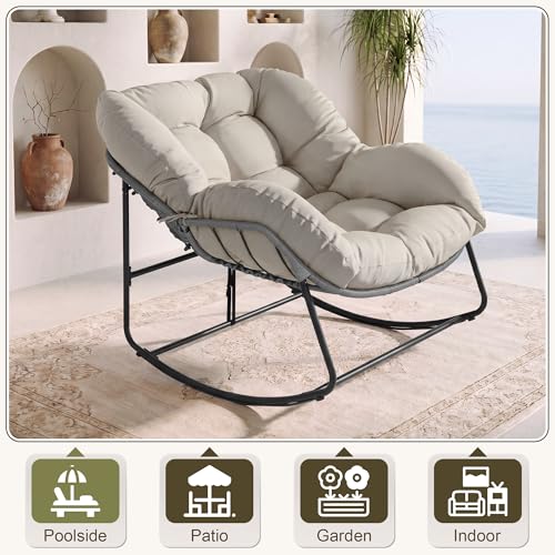Bifanuo Oversized Egg Rocking Chair for Indoor Outdoor â All-Weather Wicker Rattan Lounge Chair with Cushion Patio Rocker for Porch Garden or Balcony (Beige)