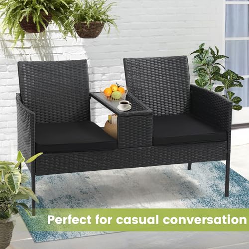 Kromax Wicker 2 Seat Patio Loveseat, Outdoor Rattan Loveseat with Table