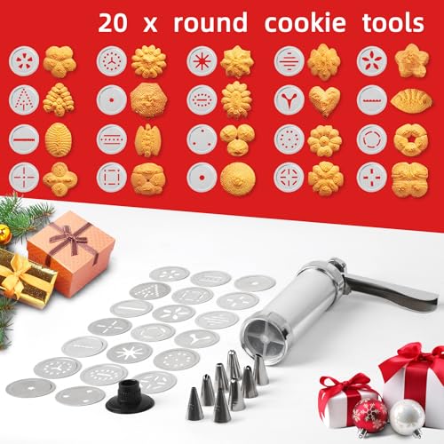 Spritz Cookie Press Kit - 20 Stainless Steel Discs & 8 Icing Nozzles - Professional Biscuit Maker with Effortless Trigger - Complete Spritz Cookie Maker for Homemade Treats and Pastry Decoration