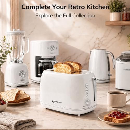 Keenstone 2 Slice Toaster, Retro Stainless Steel Kitchen Essentials, White