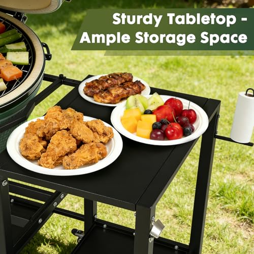 GVGBUK Outdoor Grill Table for Big Green Egg, Suitable for Various Sizes of Green Egg Nest Grill Racks,BBQ Cart with Lockable Wheels, Storage Rack Bottle Opener-Prep Cooking Station for Party, Black.
