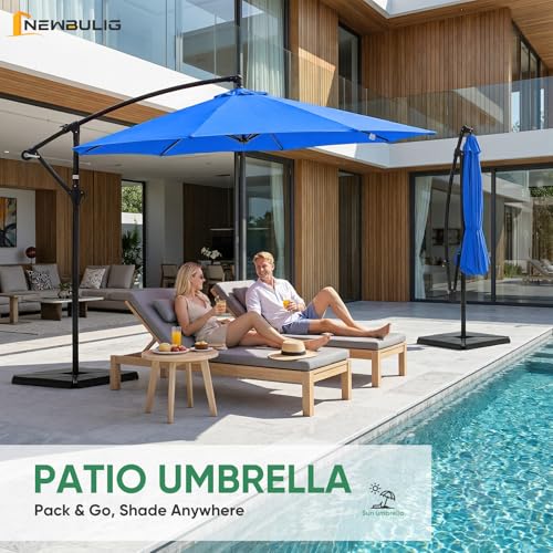 NEWBULIG 10FT Patio Umbrella with Base Included, Offset Cantilever Outdoor Patio Table Umbrella, UV Protection, Fade Resistant Fabric, Easy Tilt Adjustment for Pool, Deck, Garden, Backyard, Blue