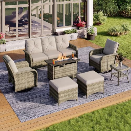 Aoxun 7-Piece Wicker Rattan Patio Furniture Set with 44" Fire Pit Table