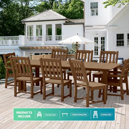 LOUNZY 9 Pieces Patio Dining Sets, Outdoor HDPE Furniture Set for 8 w/ 2" Hole Cut-Out Dining Table with 8 Patio Chairs(2 W/Armrest, 6 w/o Armrest), Brown