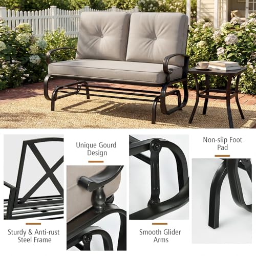 GIANTEX Outdoor Glider Bench, Patio 2 Person Loveseat with Removable Cushion, Thick Padded Seat, Stable Steel Frame, Outside Glider Swing Chair for Deck, Poolside, Yard, Balcony, Porch, Beige