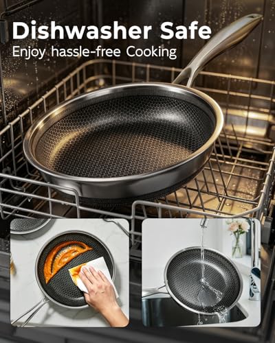 FogDream 8 Inch Nonstick Frying Pan with Lid, Honeycomb Hybrid Stainless Steel Skillet, Tri-Ply Induction Compatible, Non Toxic Frying Pan, Oven Safe, Dishwasher Safe, Silver