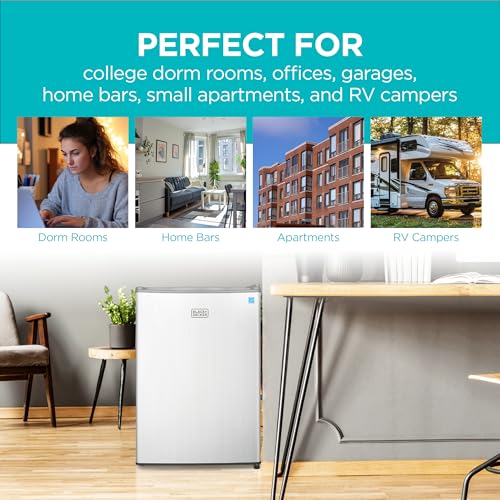 BLACK+DECKER 2.5 Cu. Ft. Compact Refrigerator, ENERGY STAR Certified, Single Door Mini Fridge with Chiller Compartment, Personal Fridge for Home or Dorm Room, R600a Refrigerant, BCRK25V,Stainless Look