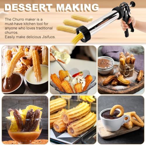 3-in-1 Stainless Steel Churros Maker Machine – Multifunctional Cookie Press with Piping Bag, Nozzles & Discs