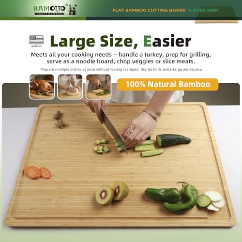 BAMOTTO CRAFTBAMBOO XXL Extra Large 100% Organic Bamboo Cutting Board 24"x18" - Butcher Block Chopping/Carving Board with Handle & Juice Groove for Turkey, Meat, Vegetables, BBQ