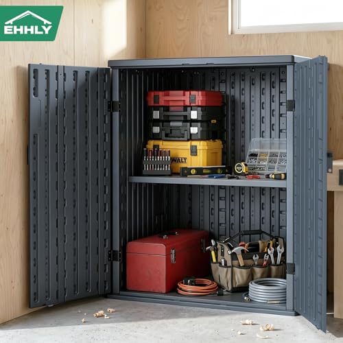 EHHLY Heavy Duty Small Storage Cabinet Outdoor Weatherproof, 14 Cuft Garage Storage Cabinet with 2 Adjustable Shelves, Lockable Kitchen Pantry Closer Organizer, 31Wx23Lx34H, Sage Grey