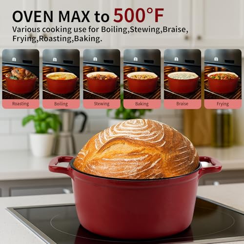 Tastedeli Enamel Cast Iron Dutch Oven with Lid, Round Casserole Pot for Bread Baking, Braising, Roasting, and Stews, Heavy-Duty, Oven Safe, Induction Compatible (4.7QT,Red)