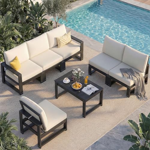 Polyhouz Patio Furniture Set, 7-Piece Outdoor Furniture with Cushions, L Shaped Outdoor Couch Sets 6 Seats, HDPE Patio Sectional Sofas for Porch, Backyard, Deck, Black