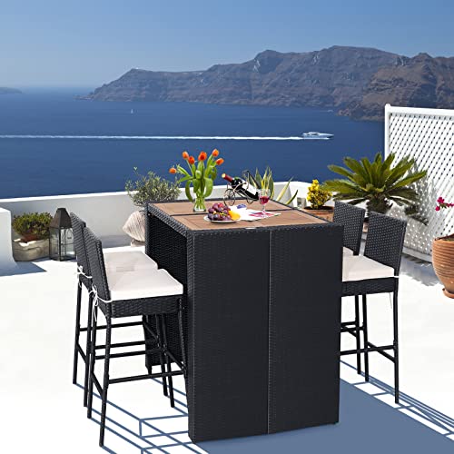 RELAX4LIFE 5-Piece Outdoor Bar Set - Wicker Rattan Bar Height Dining Table w/Acacia Wood Top & 4 Bar Stools Chairs w/Seat Cushions, Backrest, Footrest, Outside Patio Bistro Set for Backyard (47.5'')