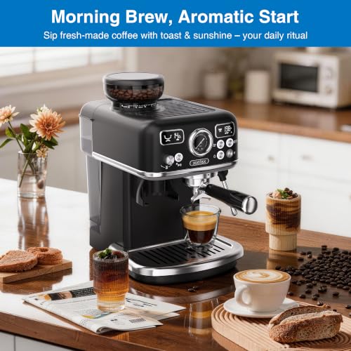 XIXUBX Espresso Machine with Grinder, PID & Programmable Settings, Black