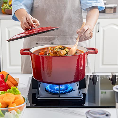 Velaze 6 QT Enameled Cast Iron Dutch Oven, Dual Handles Pot with Lid, Heavy-Duty Non-stick Round Oven for Bread Baking, Stewing, Roasting, Good Sealing for All Heat Source (Red)