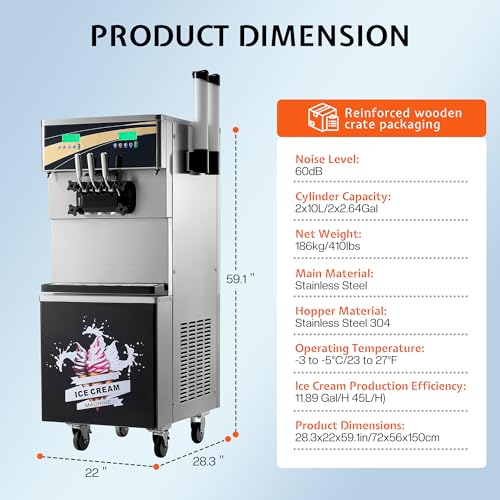 Jocisland 45L/H Commercial Soft Ice Cream Machine, 2900W 3-Flavor Ice Cream Maker, Dual Compressors, 10L*2 Stainless Steel Cylinder, Auto Clean & Pre-Cooling for Restaurants & Bars