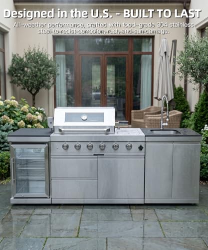 Outdoor Kitchen Island Barbecue Grill with Refrigerator & Rotisserie, Heavy-Duty Stainless Steel Freestanding Grills Station, Weather-Resistant Cooking Cabinet for Backyard & Summer Propane Gas