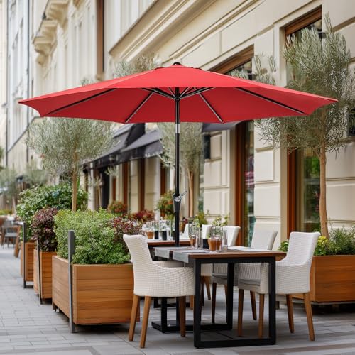 OLIXIS 9ft Patio Umbrella with Tilt and Crank Button & 8 Sturdy Ribs Waterproof, 9 feet Patio Table Umbrella Perfect for Poolside, Terrace, Beach and Outdoor Restaurant, Red
