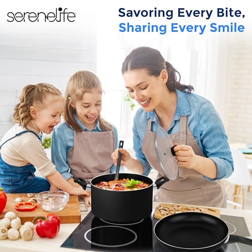 SereneLife Kitchenware Pots & Pans Basic Kitchen Cookware, Black Non-Stick Coating Inside, Heat Resistant Lacquer (11-Piece Set), One Size, Black