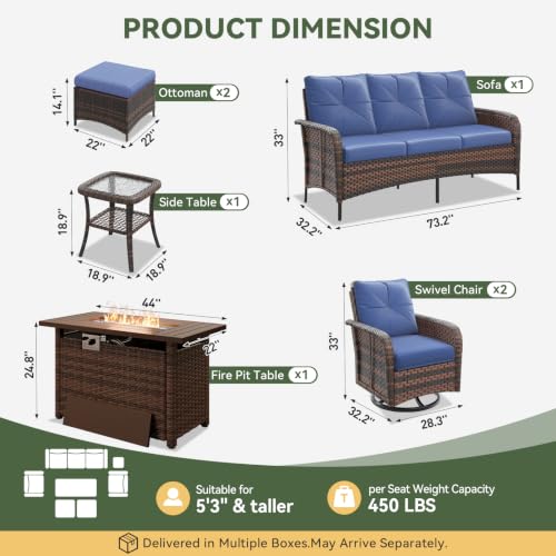 Aoxun 7-Piece Wicker Rattan Patio Furniture Set with 44" Fire Pit Table