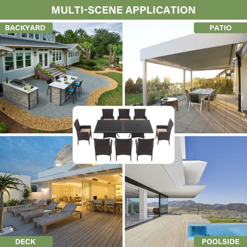 ALAULM 10 Piece Outdoor Patio Dining Set for 8 All-Weather Wicker Patio Furniture Set w/Tempered Glass Tabletop, Removable Cushions and Umbrella Hole for Patio, Backyard, Garden, Poolside (Brown)